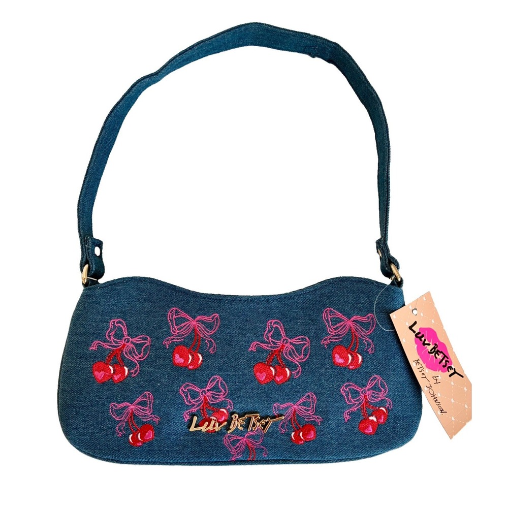 Luv Betsey~ Denim Cherry Bow Shoulder Bag Purse Embroidered~ NWT